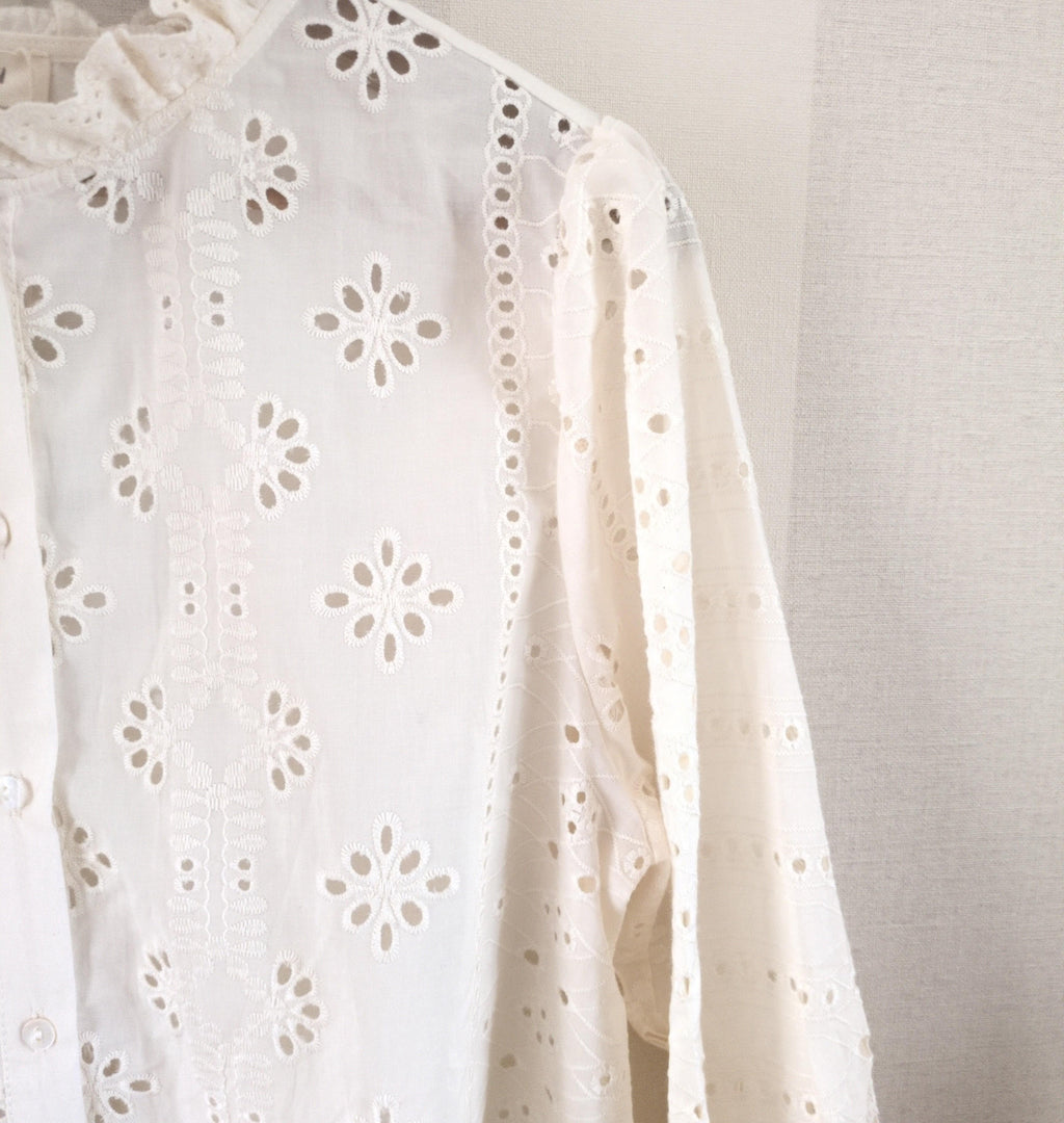 Chemisier Broderie Anglaise Blanc Coton - Col Volants Romantique