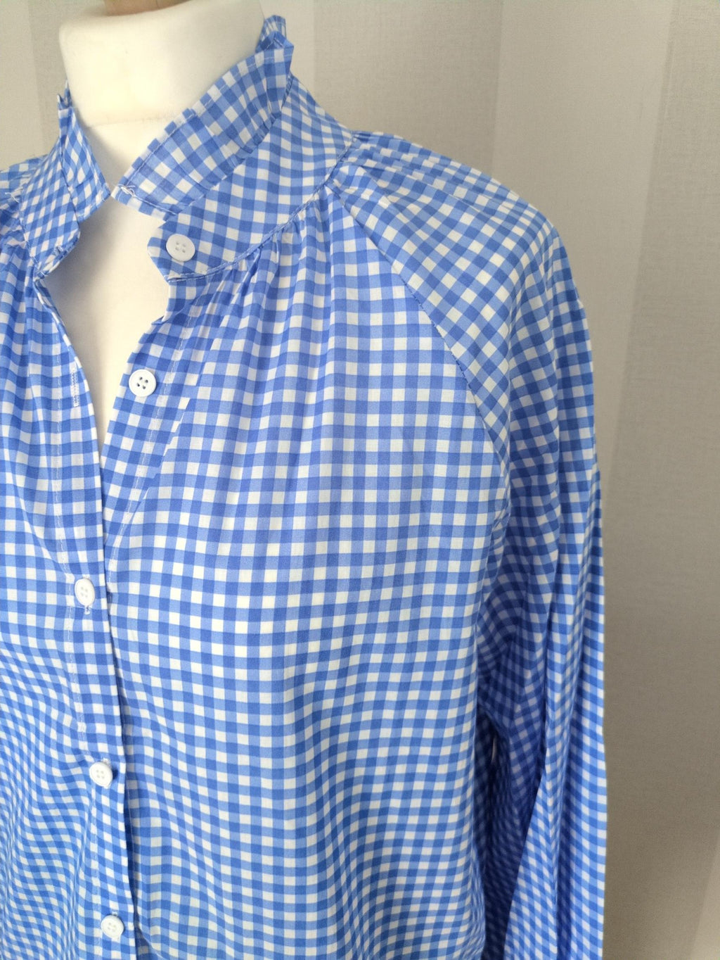 Chemise Vichy Bleu Coton - Col Volants Romantique Chic