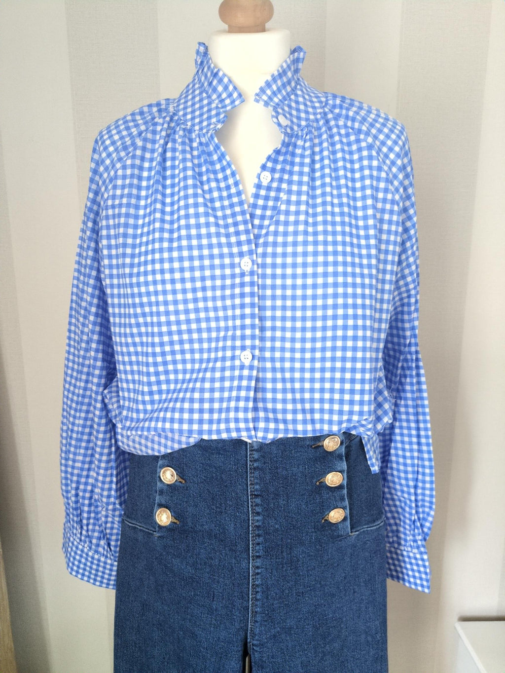 Chemise Vichy Bleu Coton - Col Volants Romantique Chic