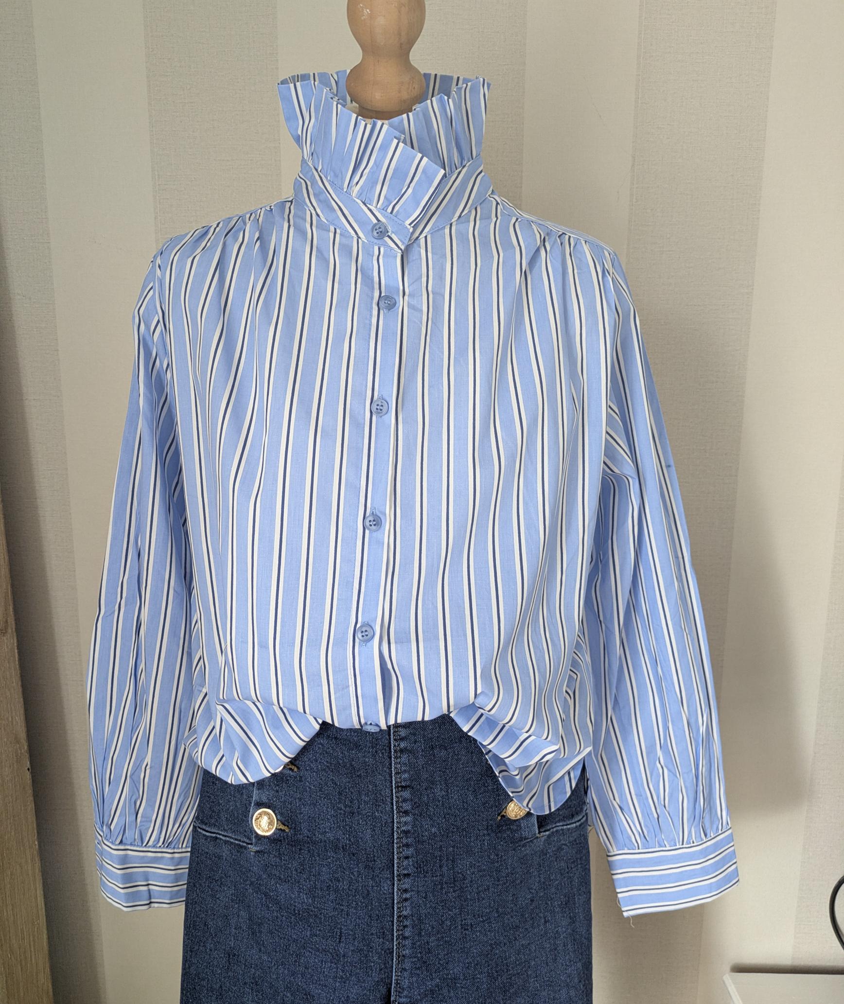 Chemise Rayures Bleues Coton - Col Victorien Volants Romantique Chic