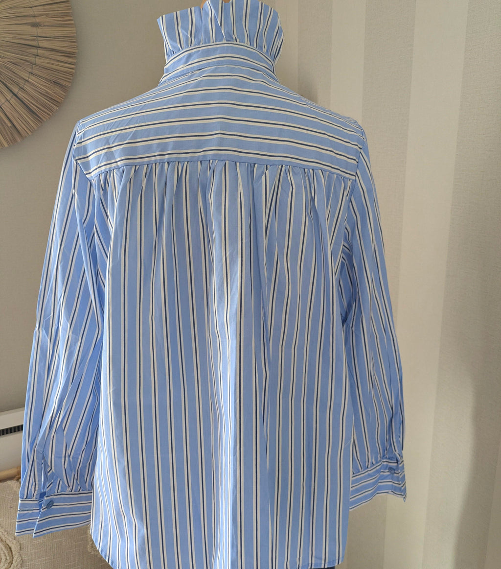 Chemise Rayures Bleues Coton - Col Victorien Volants Romantique Chic