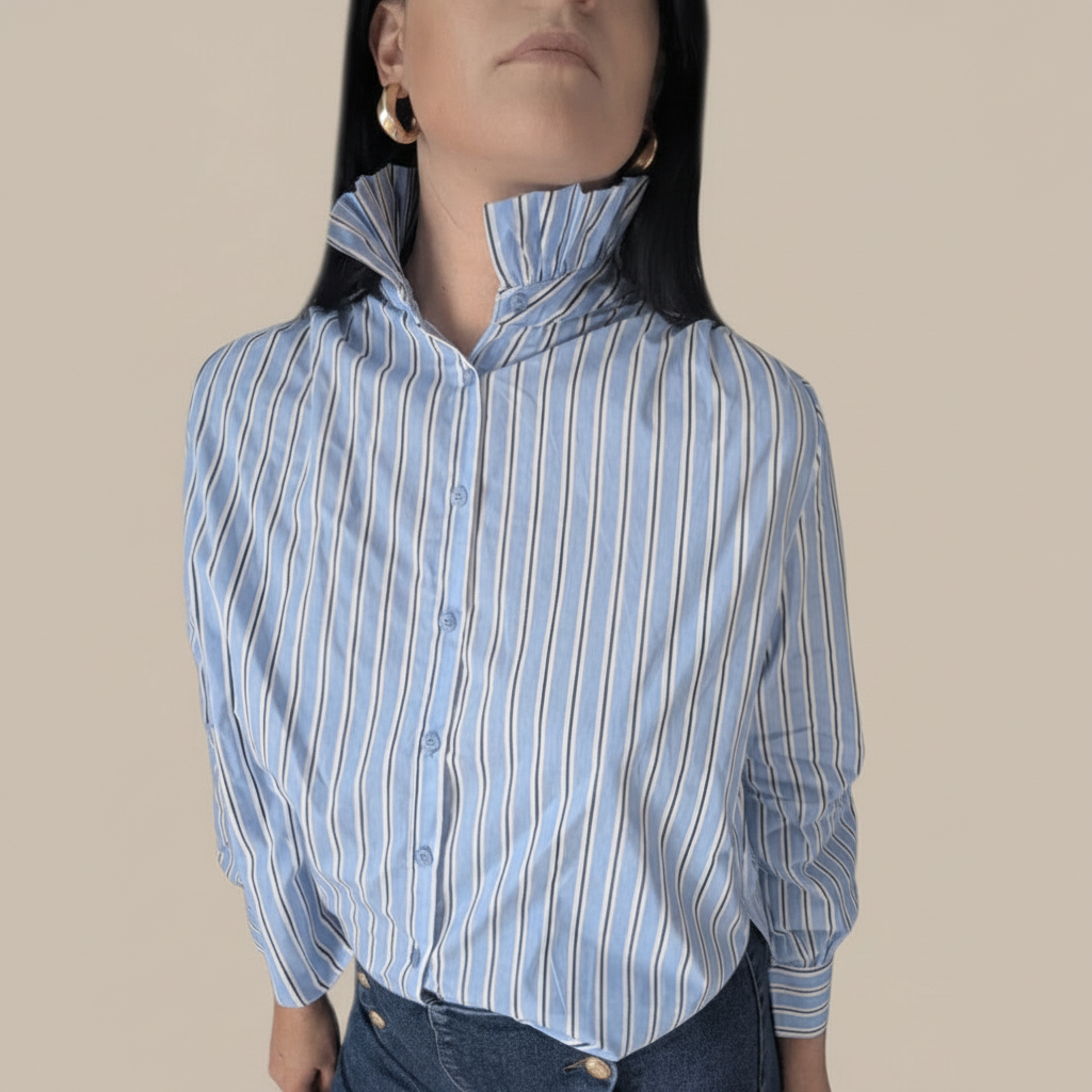 Chemise Rayures Bleues Coton - Col Victorien Volants Romantique Chic