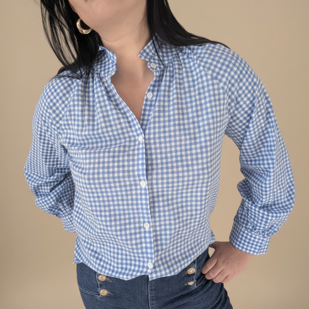 Chemise Vichy Bleu Coton - Col Volants Romantique Chic