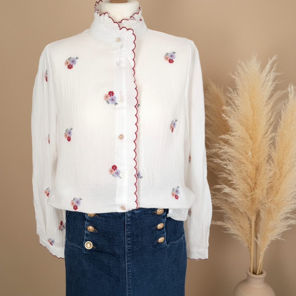 Chemisier blanc brodé fond beige avec pampa