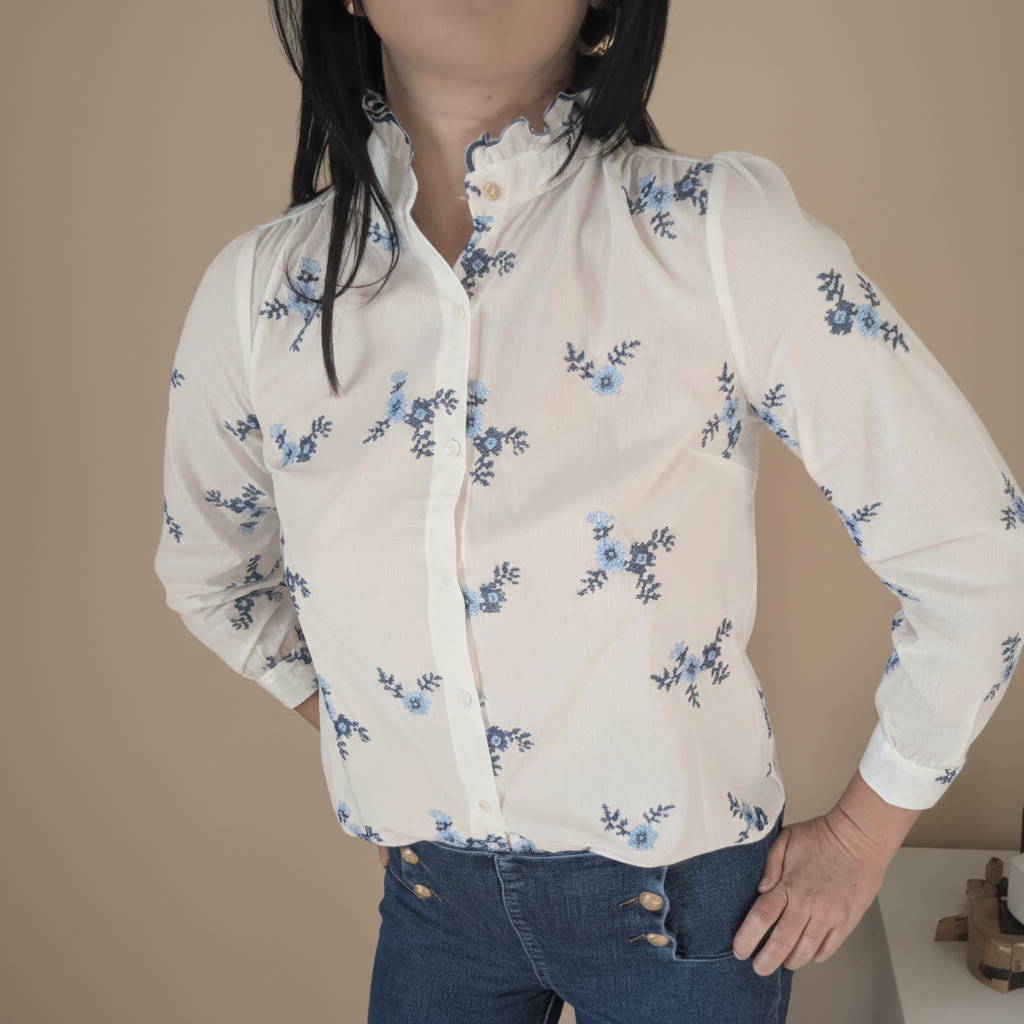 Chemisier Blanc Fleurs Bleues Coton - Col Volants Romantique Chic