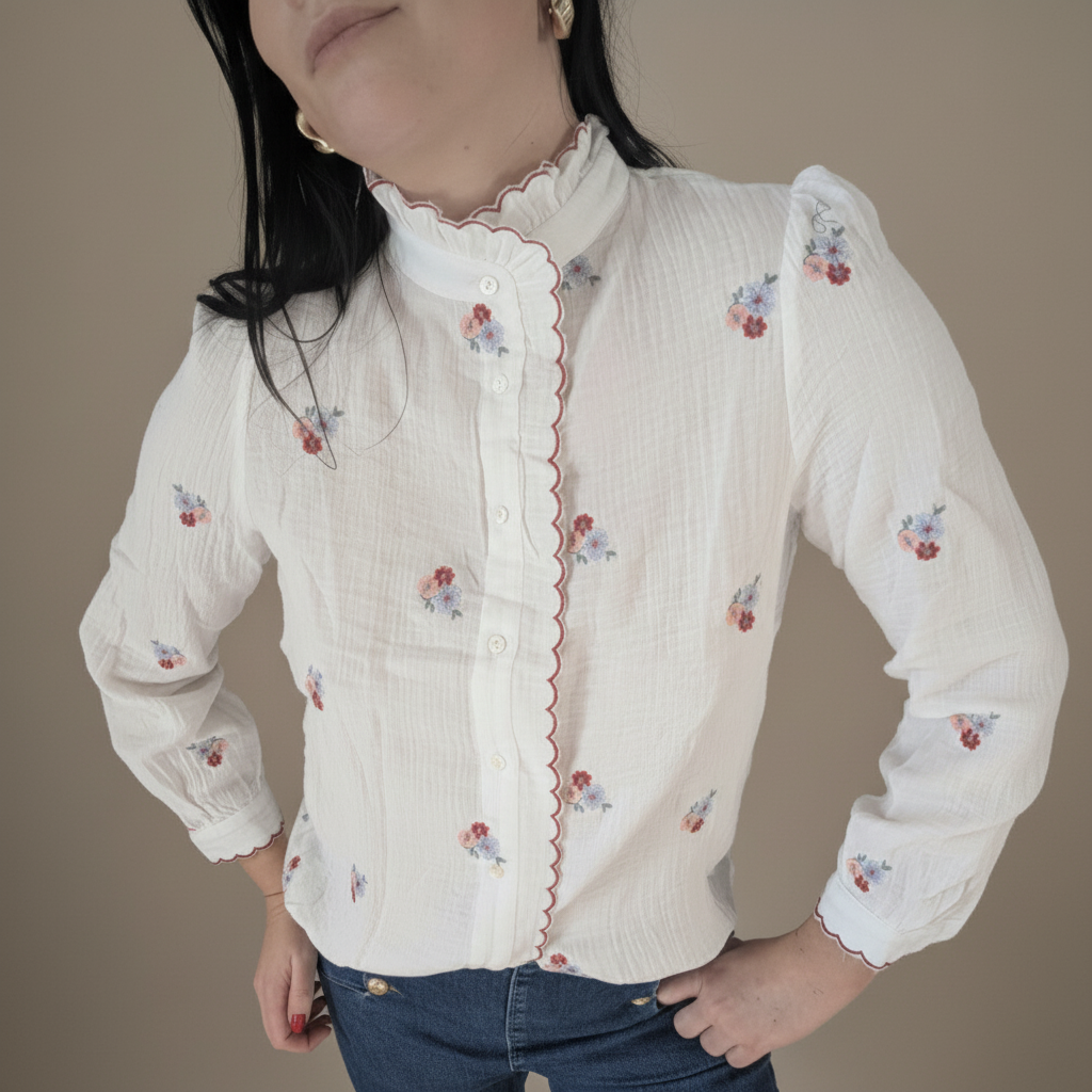 Chemisier Gaze Coton Blanc Fleurs Brodées In April 1986 - Col Volants Romantique