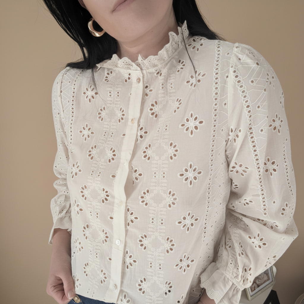 Chemisier Broderie Anglaise Blanc Coton - Col Volants Romantique