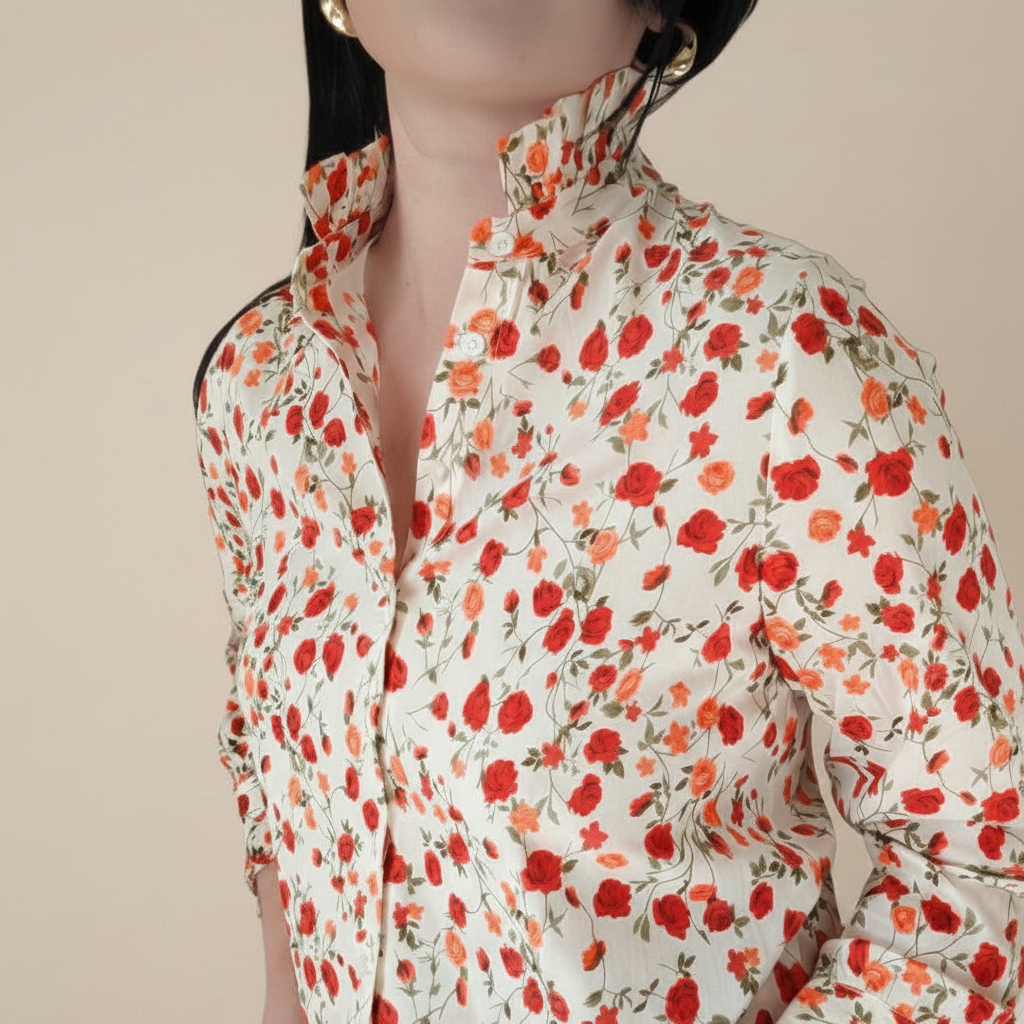 Chemisier Fleurs Rouges Oranges Coton - Col Victorien Romantique