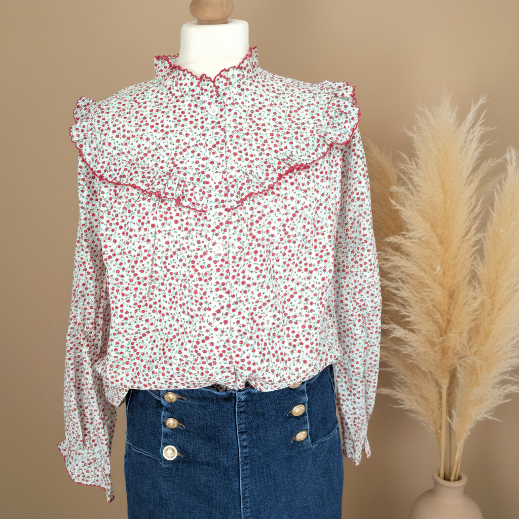 Chemisier Fleurs Rouges Blanc - Col Volants Romantique Chic