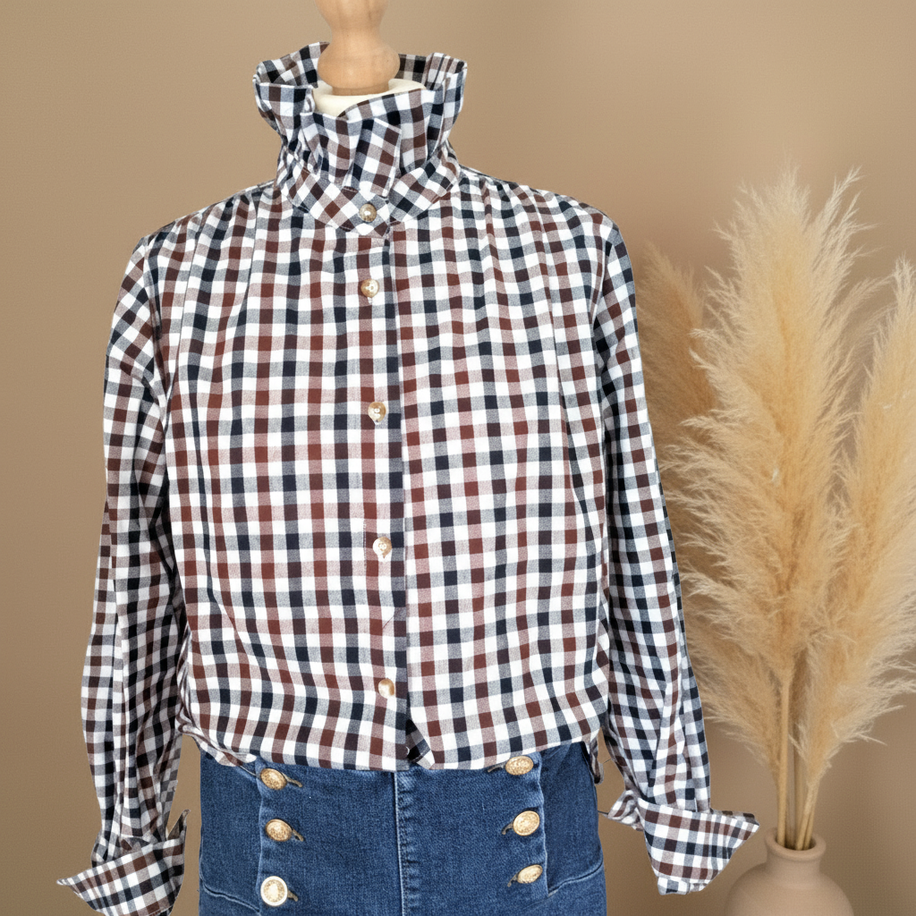 Chemisier Vichy coton - Col Montant Volants Romantique Chic