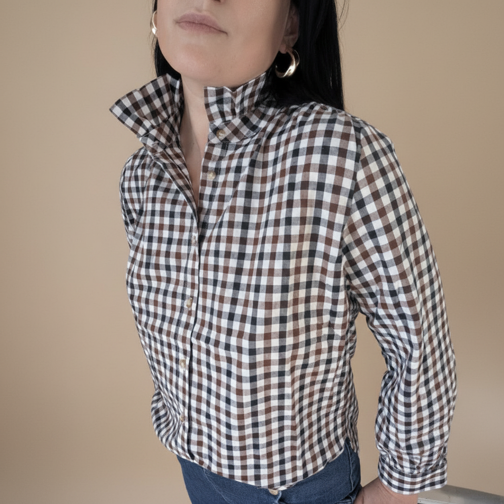 Chemisier Vichy coton - Col Montant Volants Romantique Chic