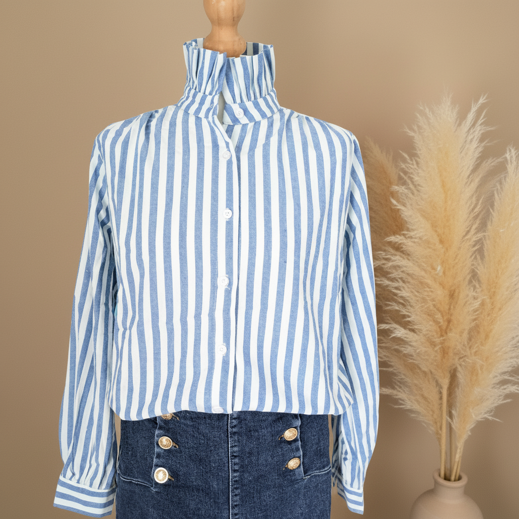 Chemise Rayée Bleu Blanc Coton In April 1986 - Col Victorien Lavallière Chic