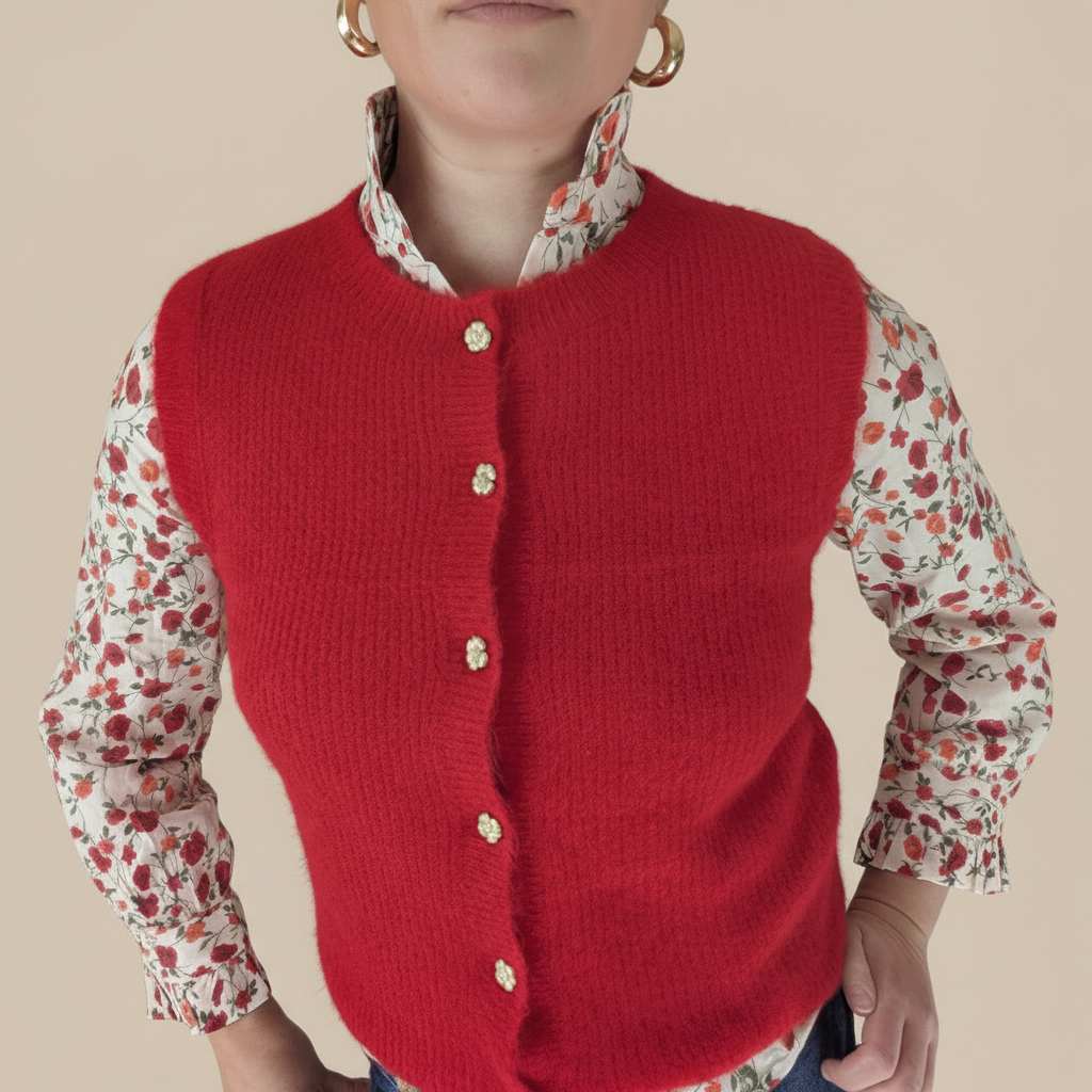 Gilet Rouge Sans Manches Maille - Boutons Dorés Chic Intemporel