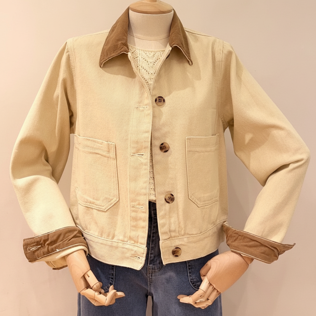 Veste Jean Beige Col Velours Marron Season Coton Chic